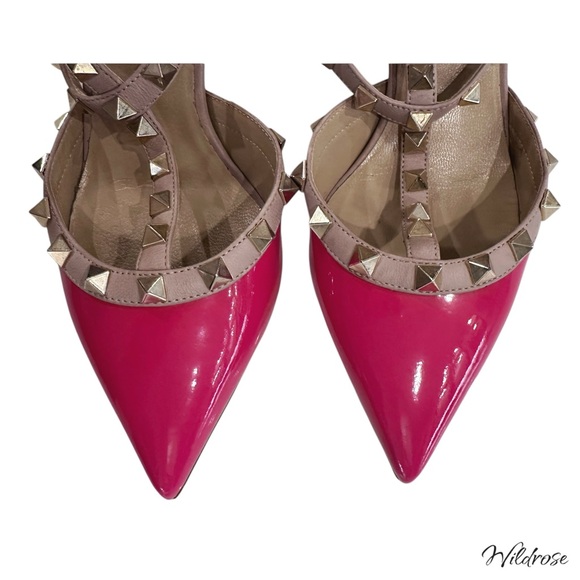 VALENTINO GARAVANI NAPPA PATENT LEATHER HOT PINK ROCKSTUD ANKLE STRAP HEELS SZ 5 - Picture 5 of 17